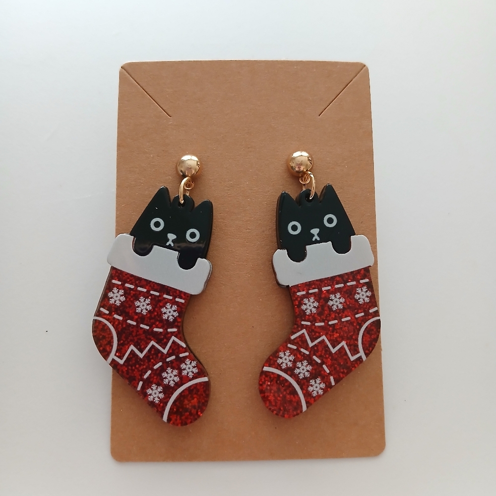 Fashion Jewelry Black and Red Cat Stocking Earrings